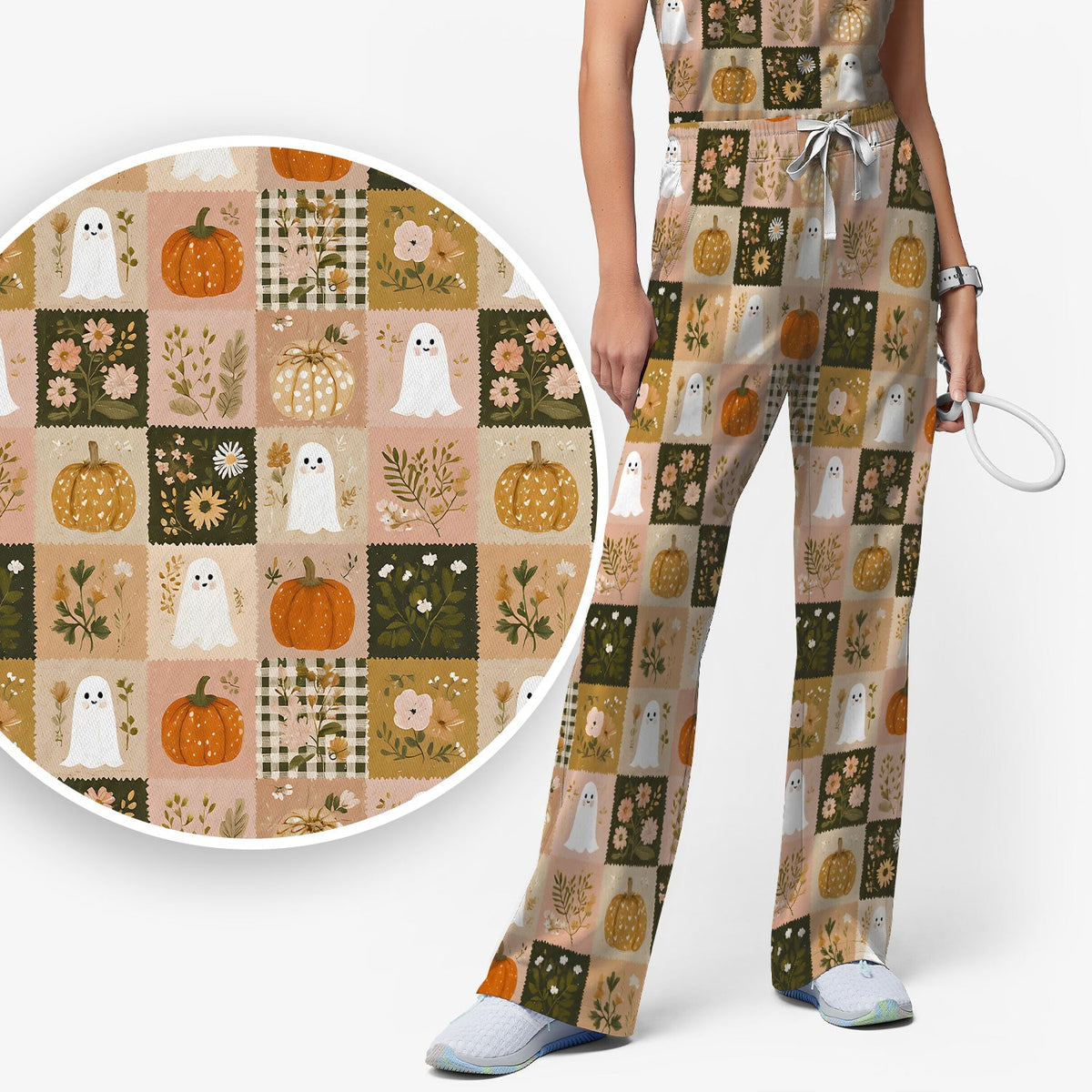 Halloween Ghost Pumpkin Patchwork Nurse Scrub Set