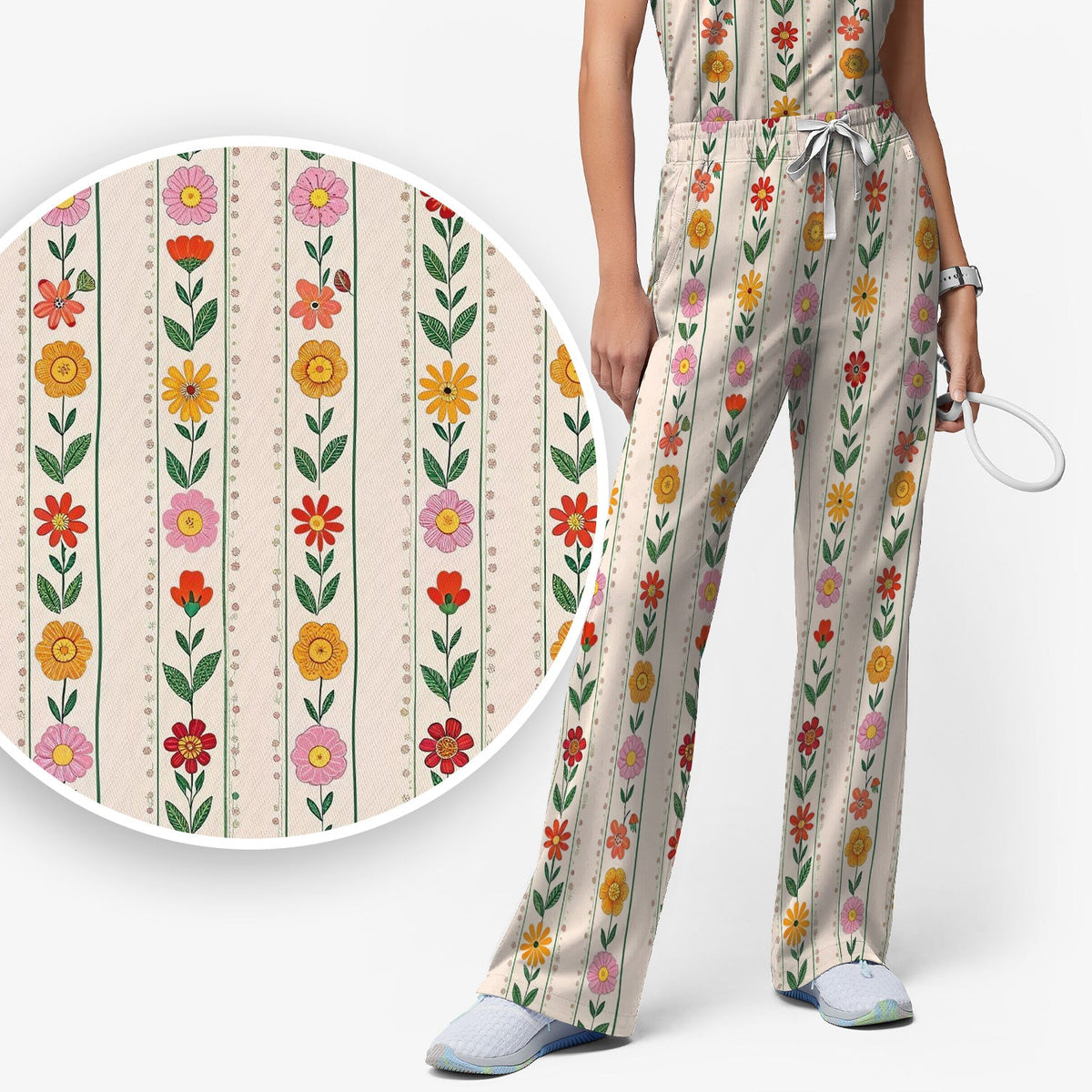 Retro Floral Stripe Print Nurse Scrub Set