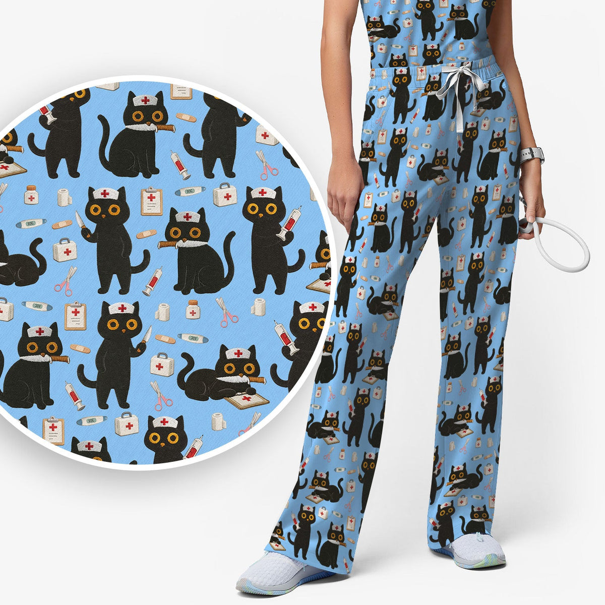 Cute Teal Black Cat Nurse Scrub Set