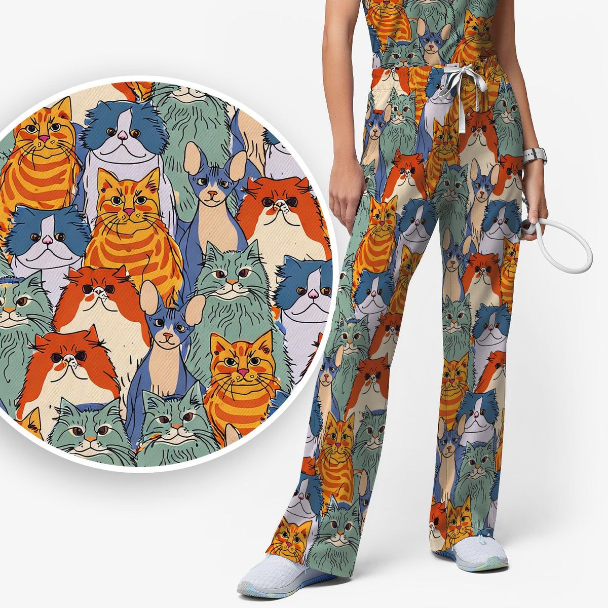 Multicolor Cat Faces Nurse Scrub Set