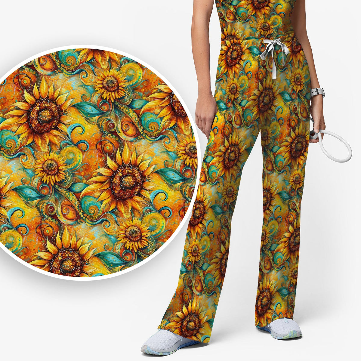 Sunflower Swirl Floral Nurse Scrub Set