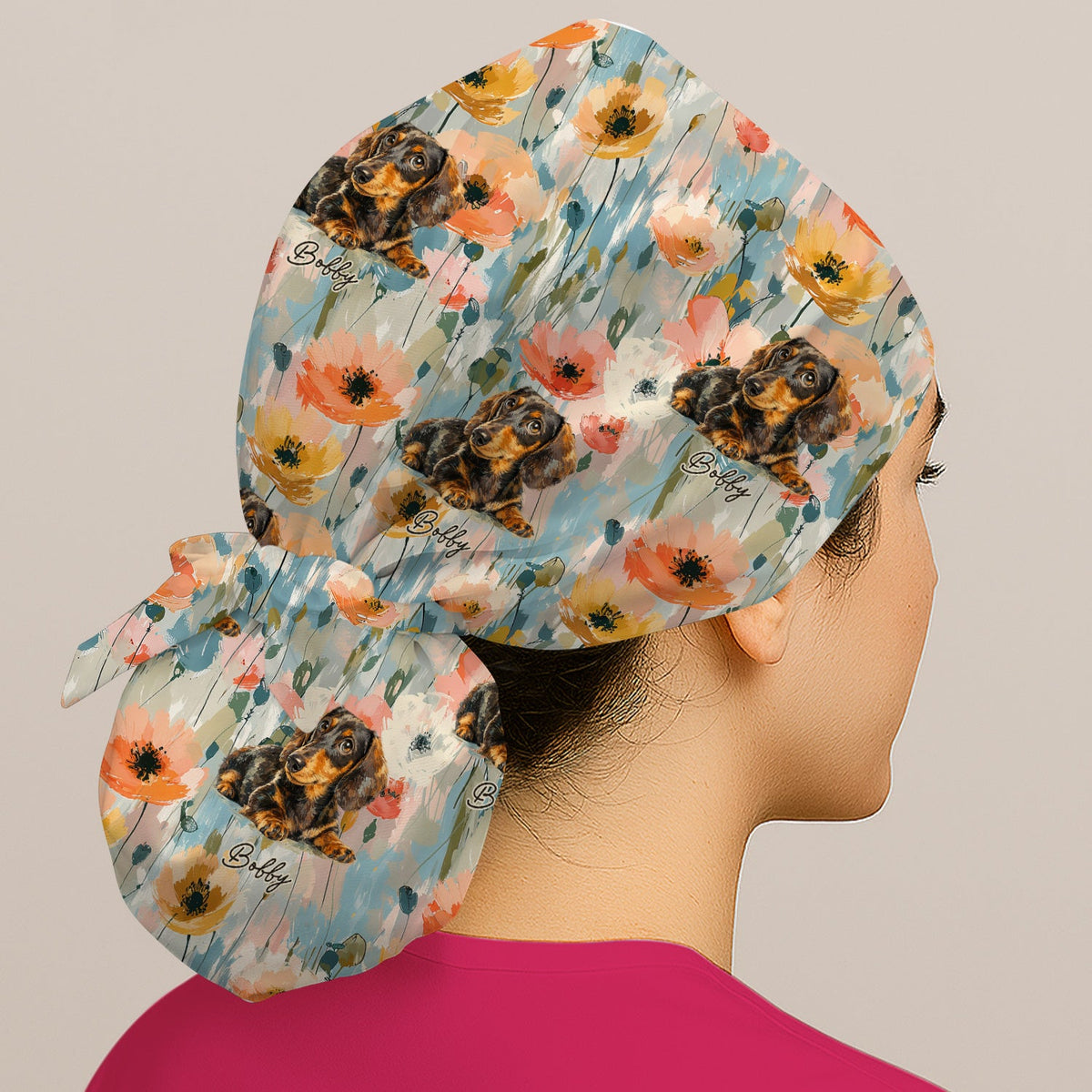 Personalized Dachshund Photo Floral Scrub Cap