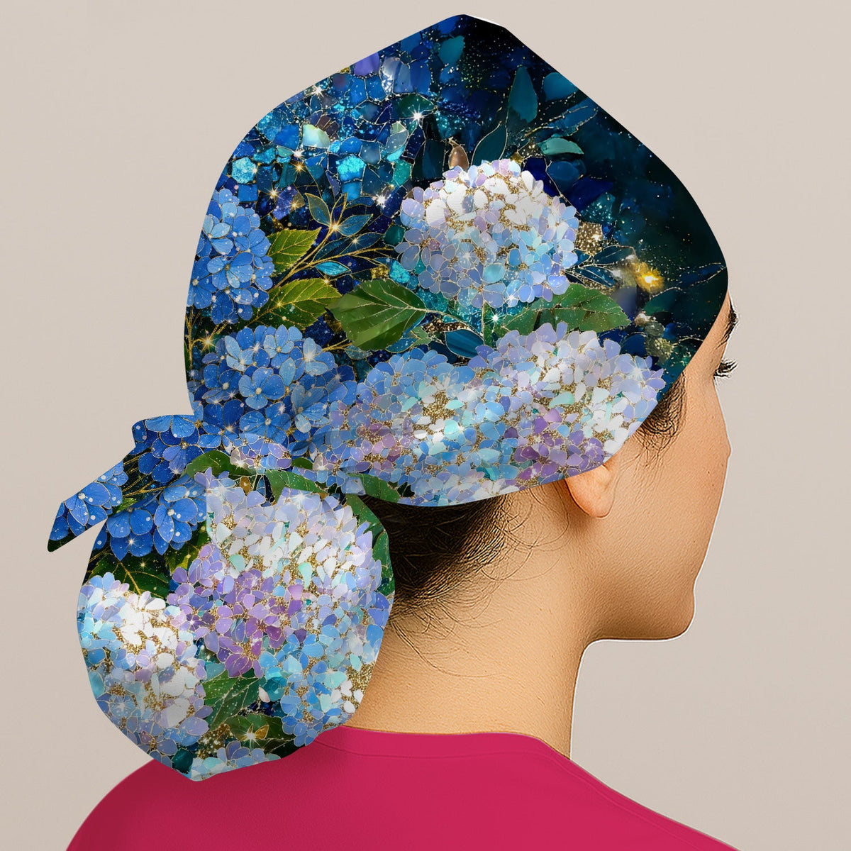 Blue Hydrangea Floral Scrub Cap