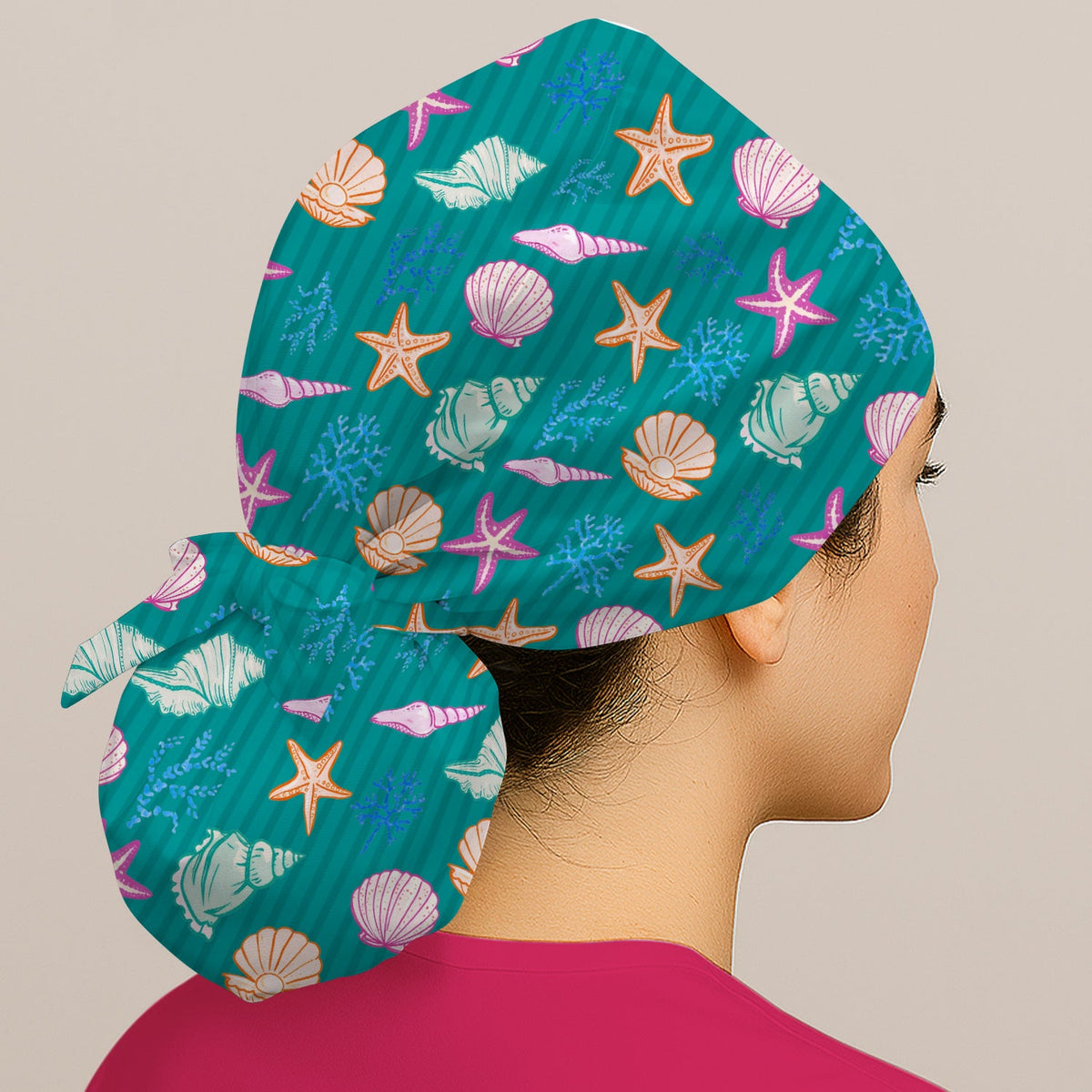 Colorful Seashell Starfish Ocean Stripe Scrub Cap