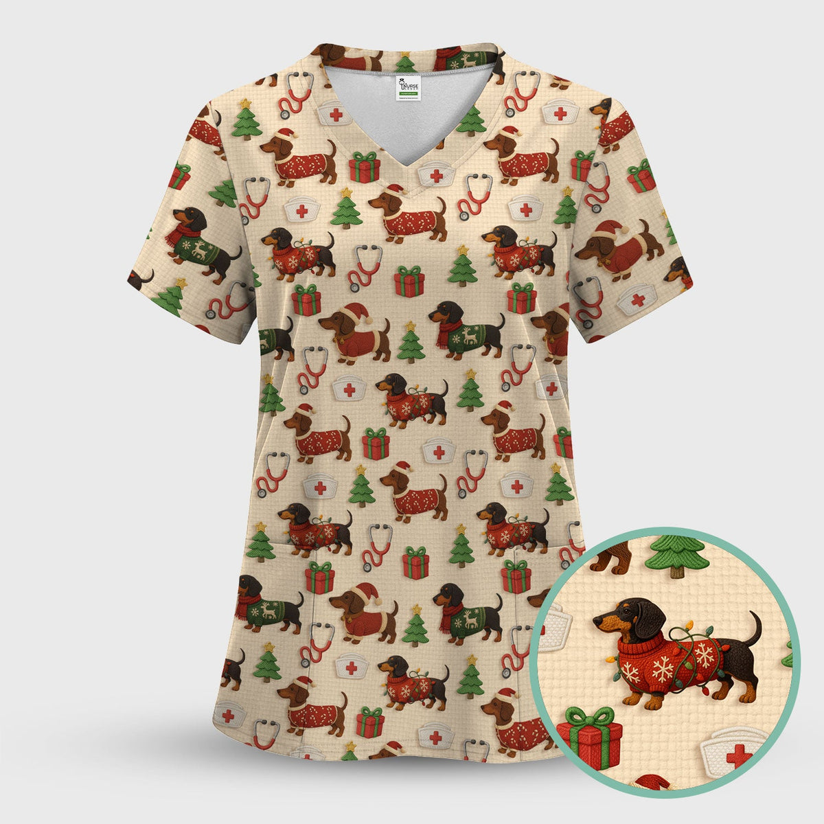 Christmas Nurse Scrubs for Women - Cute Dachshund Dog Print with Holiday Gifts & Trees - Custom Multi Color Nursing Shirt Gift