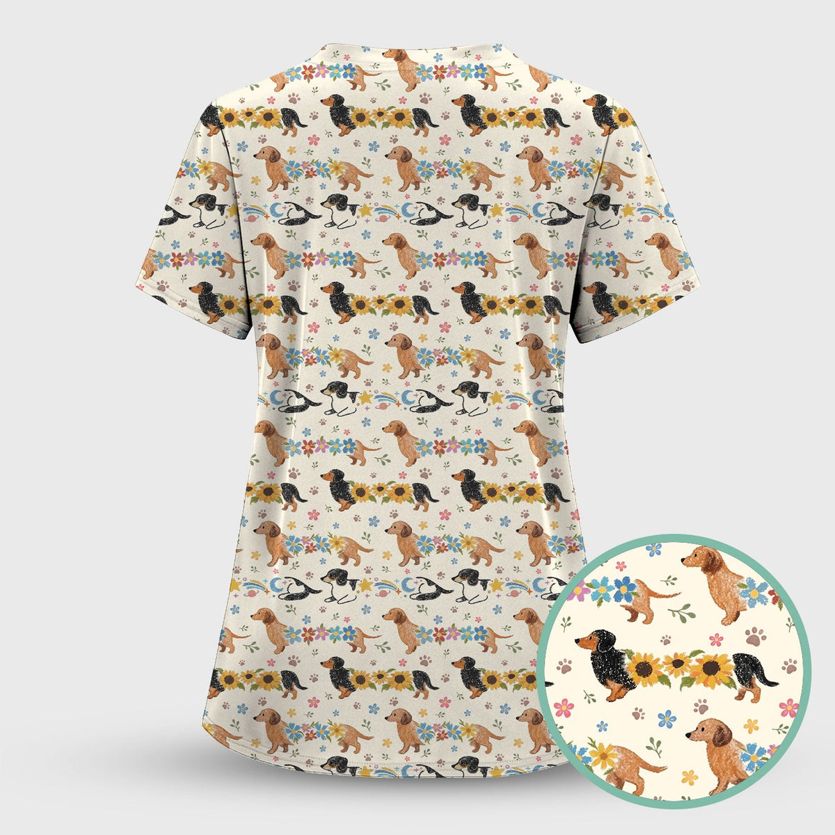 Floral Wiener Dog Nurse Scrub Top