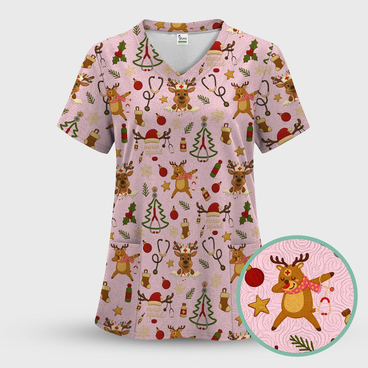 Christmas Reindeer Scrub Top - Cute Holiday Nurse Scrubs with Reindeer Print - Funny Xmas Medical Scrub Shirt Gift for Women CNA RN Doctor