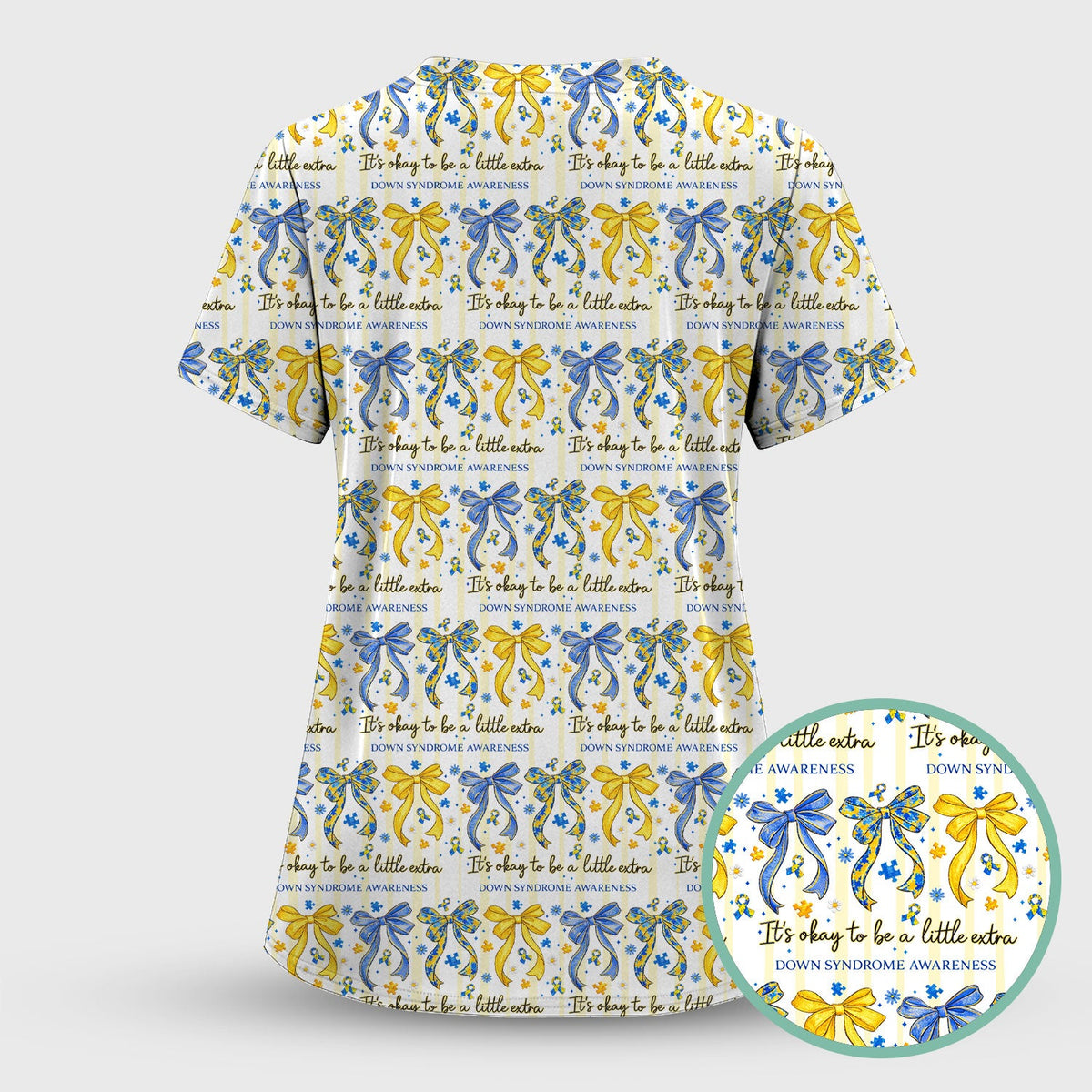 Down Syndrome Awareness Ribbon Pattern Scrub Top Comfortable Nurse Workwear Top