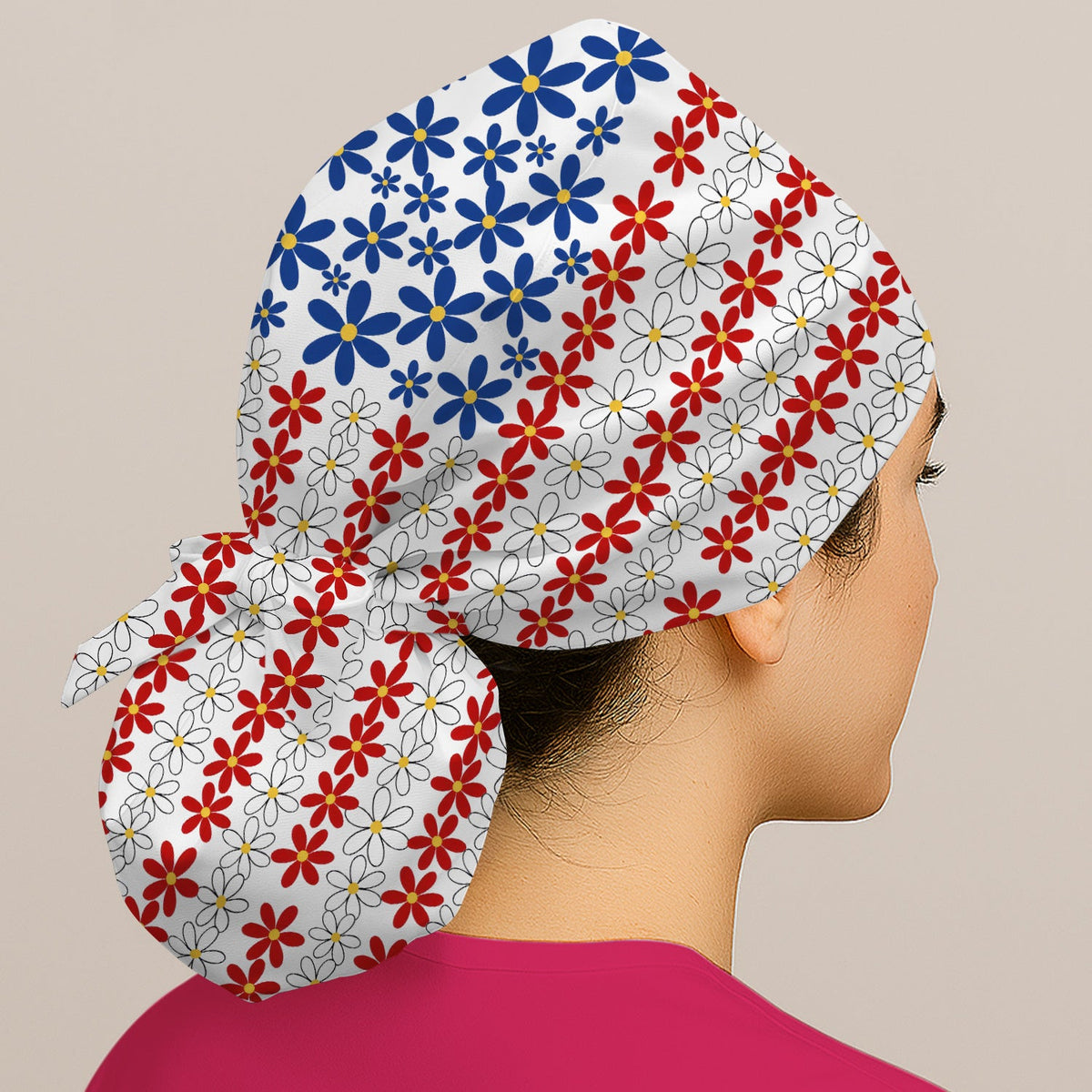 Retro Red Blue Daisy Scrub Cap