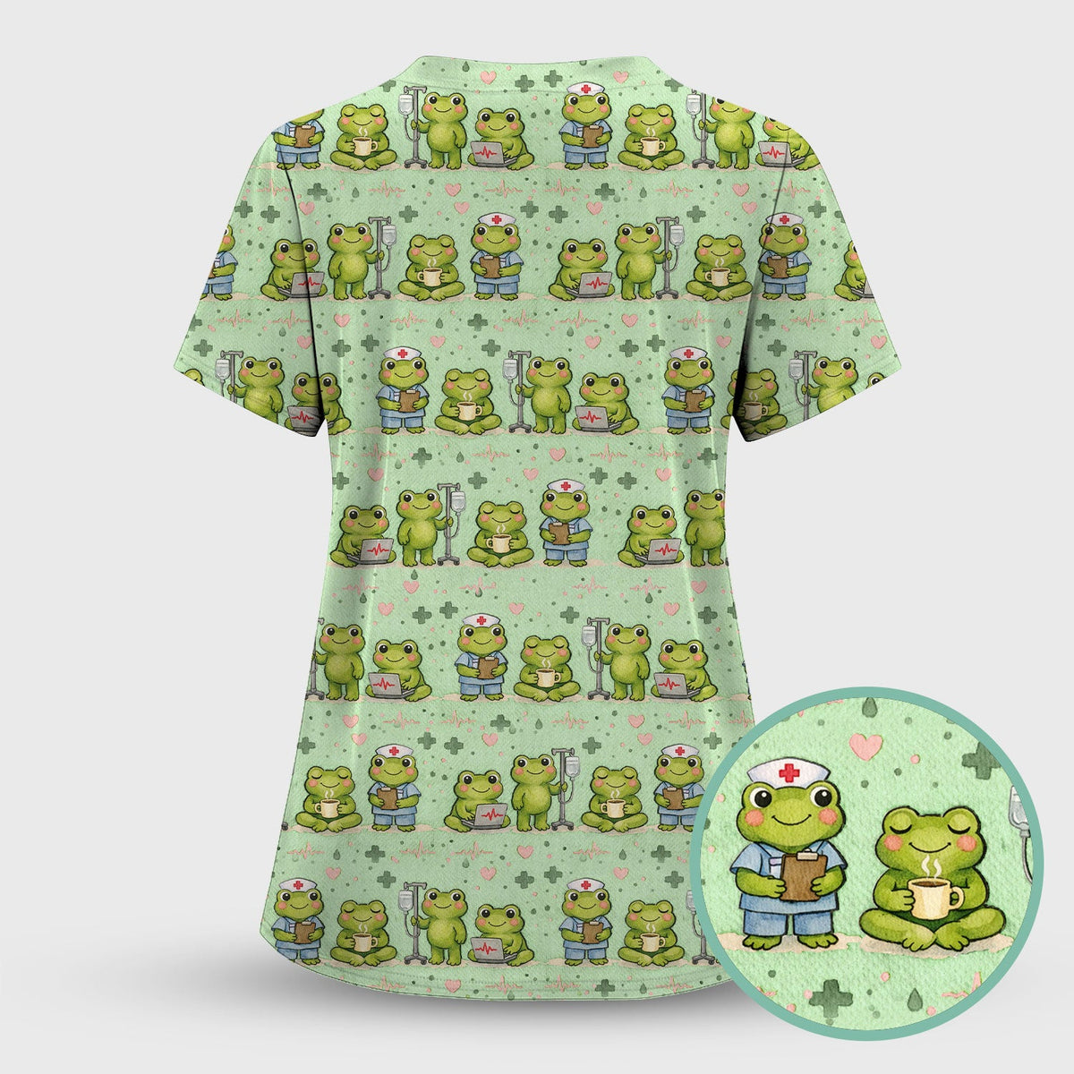 Adorable Frog Nurse Various Poses Print Scrub Top, Comfortable Scrubs for Nurses