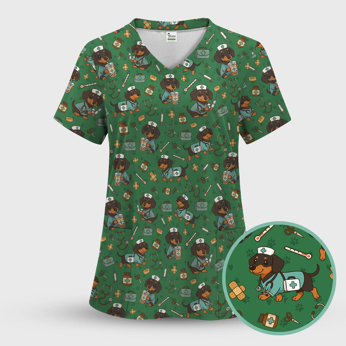 Funny Dachshund Nurse Scrubs Set - Cute Dog Print Medical Shirt - Holiday Nurse Scrub Top Gift for RN CNA Doctor, Women & Men