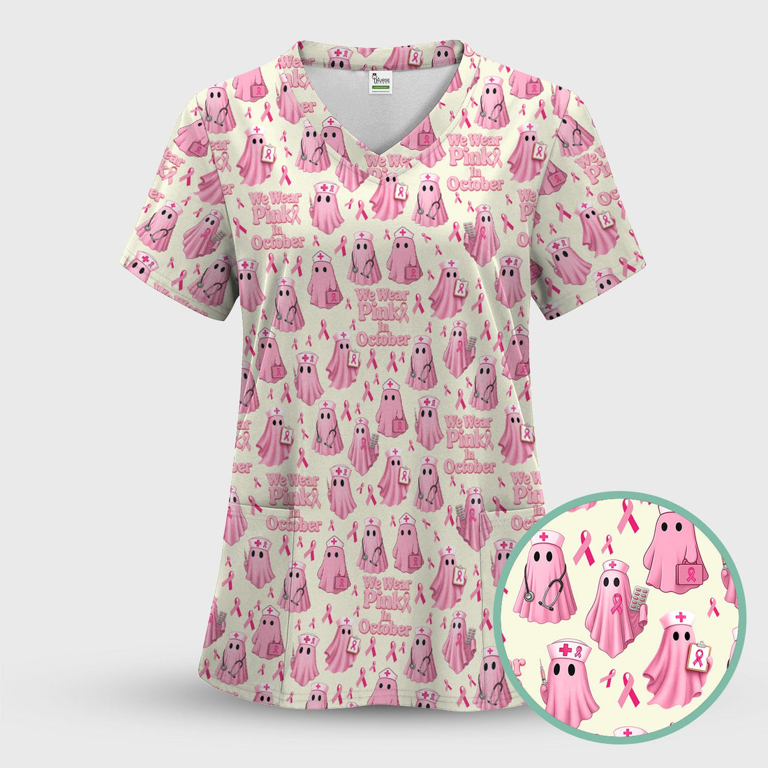 Pink Ribbon Ghost Nurse Scrub Top - Breast Cancer Gift