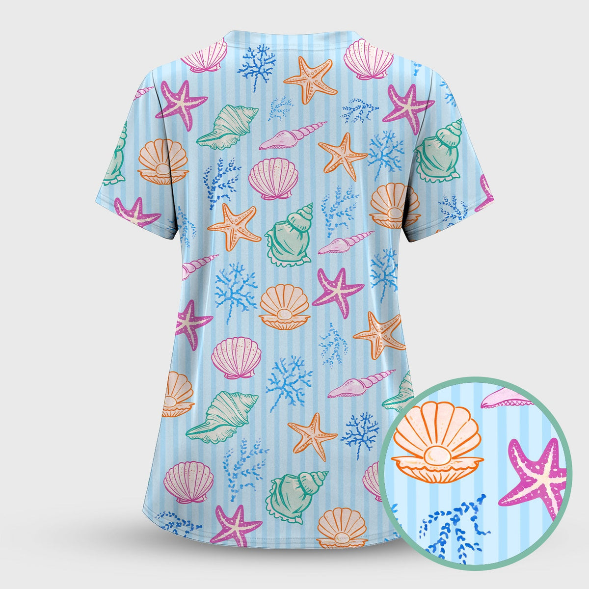 Colorful Seashell Starfish Ocean Stripe Nurse Scrub Top