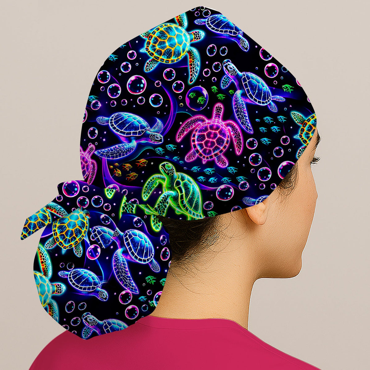 Neon Sea Turtle Bubble Nurse Scrub Cap