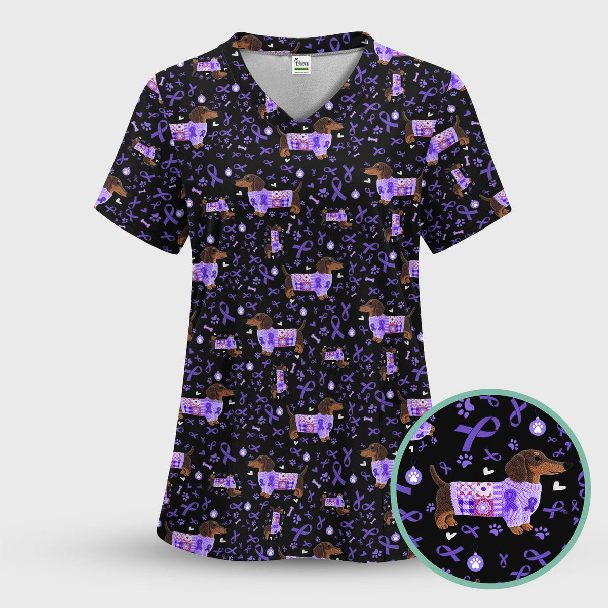 Purple Ribbon Dachshund Nurse Scrub Top
