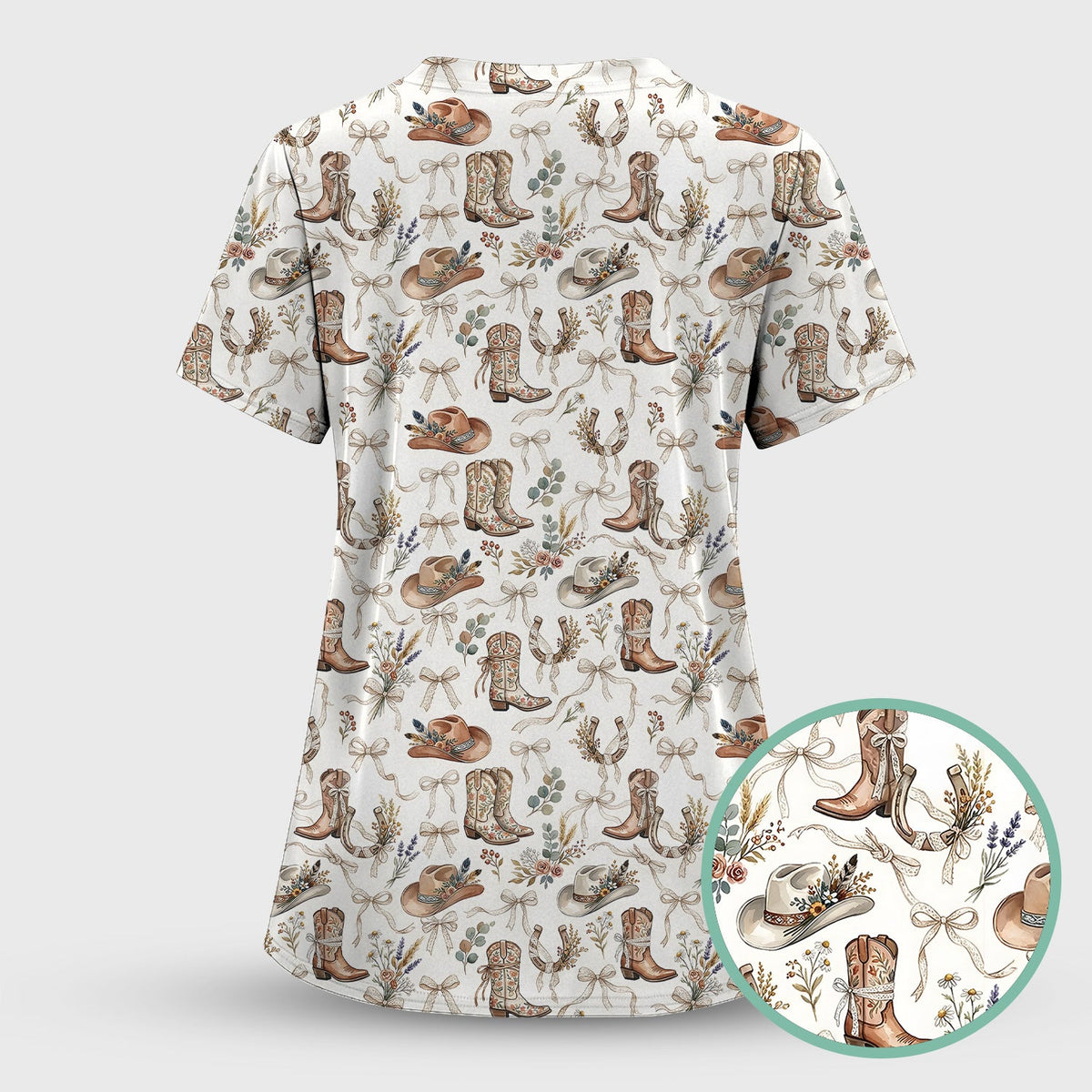 Western Cowboy Boots Hat Floral Pattern Scrub Set, Scrub Pants and V Neck Top