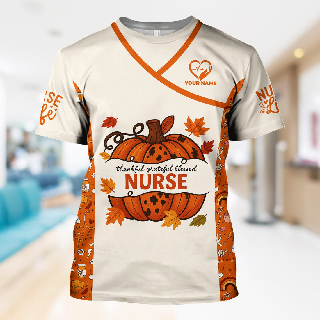 Personalized Thankful Grateful Blessed Pumpkin Nurse Scrub Top