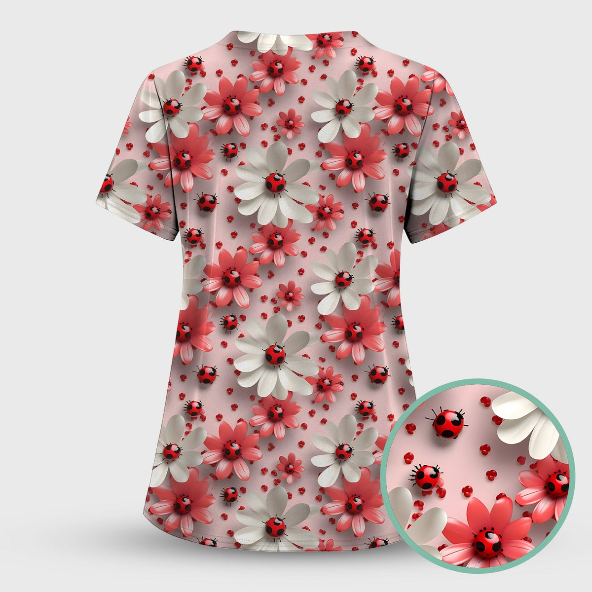 Red Ladybug Flower Nurse Scrub Set