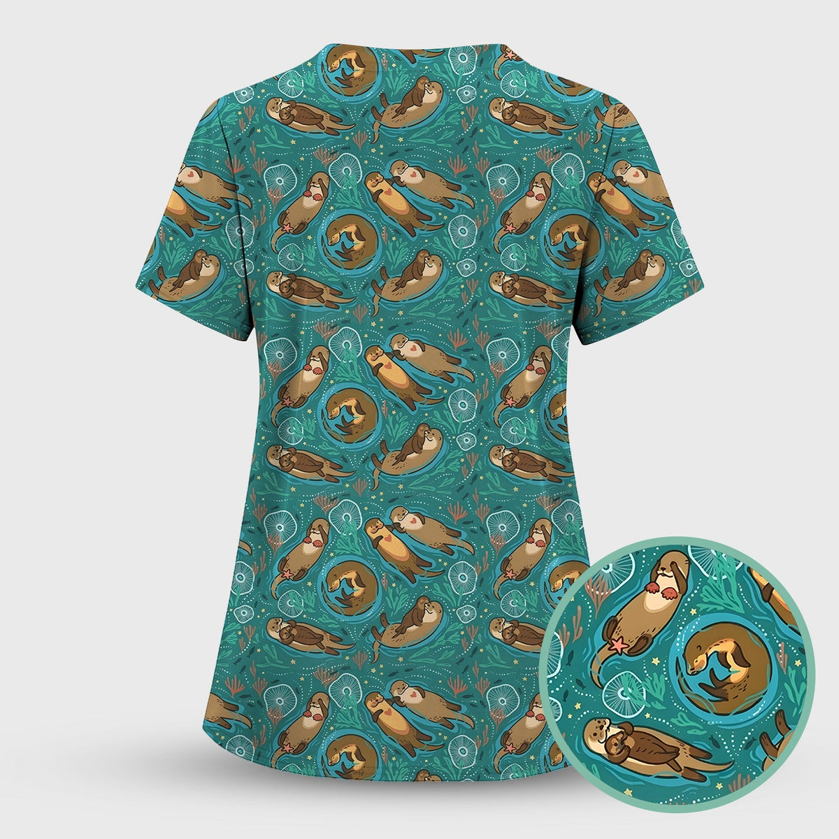 Sea Otter Floating Ocean Pattern Scrub Top, Comfortable Scrubs for Nurses