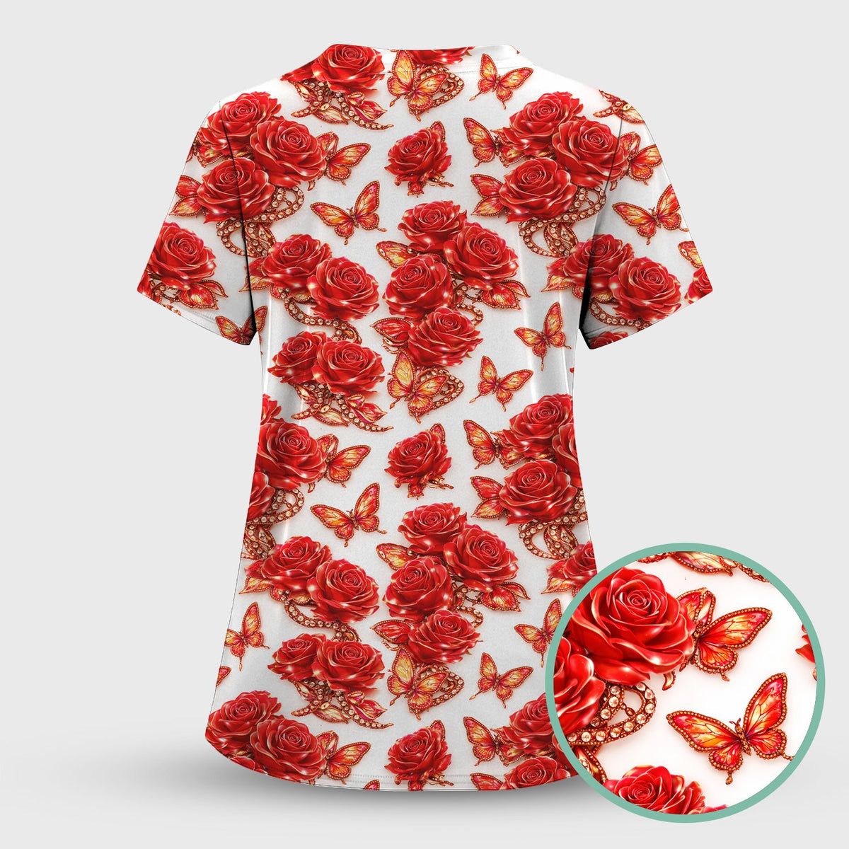 Red Rose And Butterfly Nurse Scrub Set