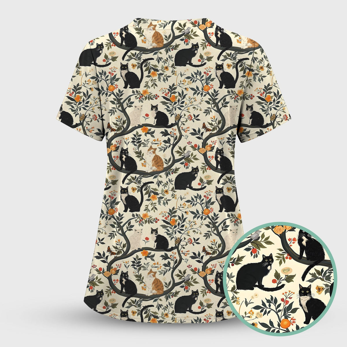 Vintage Black Cat Floral Nurse Scrub Set