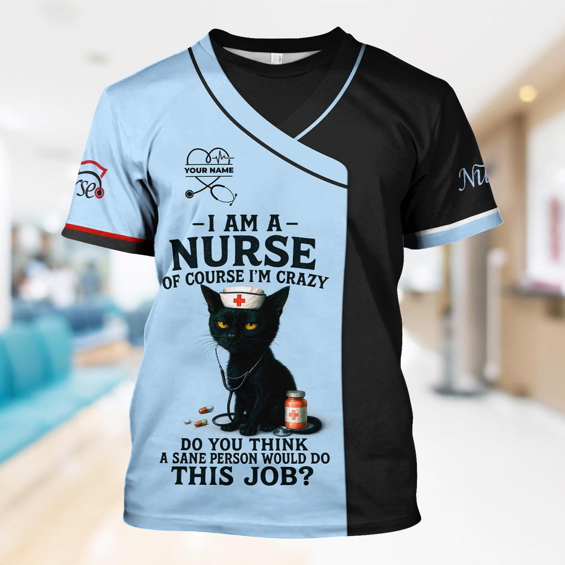 Personalized Black Cat Quote Nurse Scrub Top