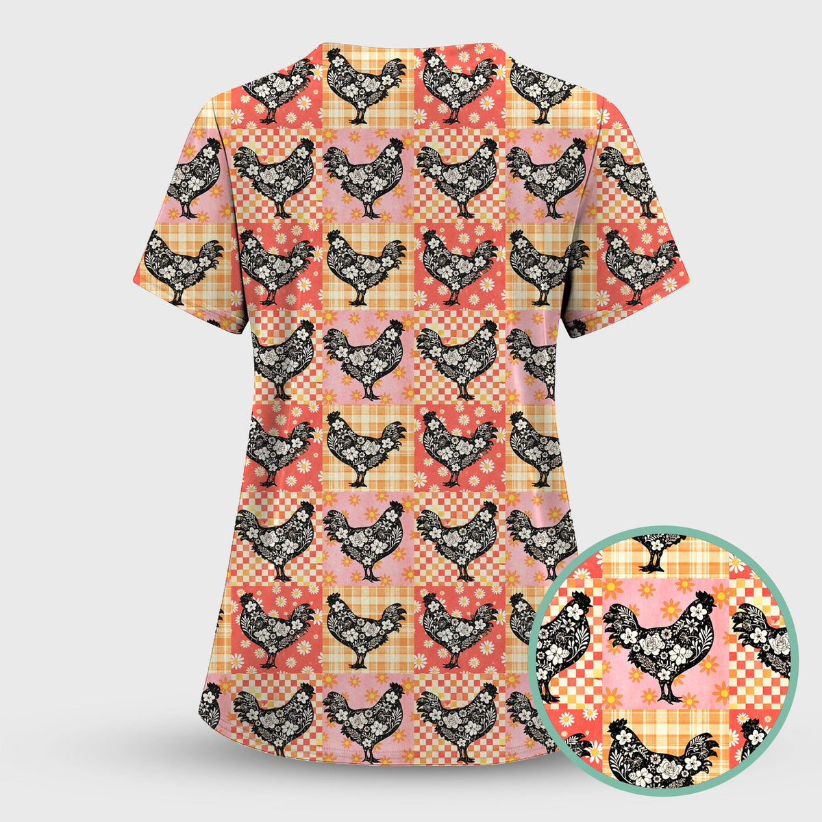 Floral Chicken Patchwork Nurse Scrub Top