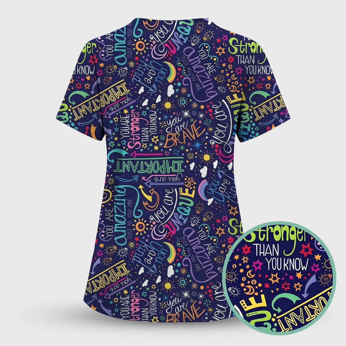 Inspirational Quote Pattern Scrub Top, Breathable Fabrics Nursing Uniform