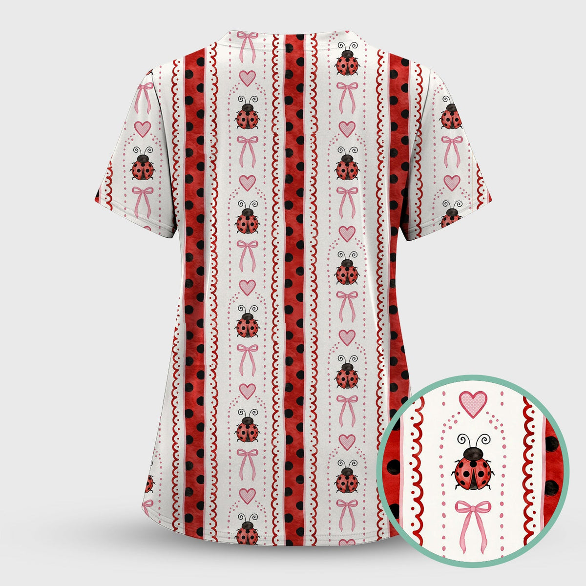 Ladybug Heart Bow Stripe Nurse Scrub Set
