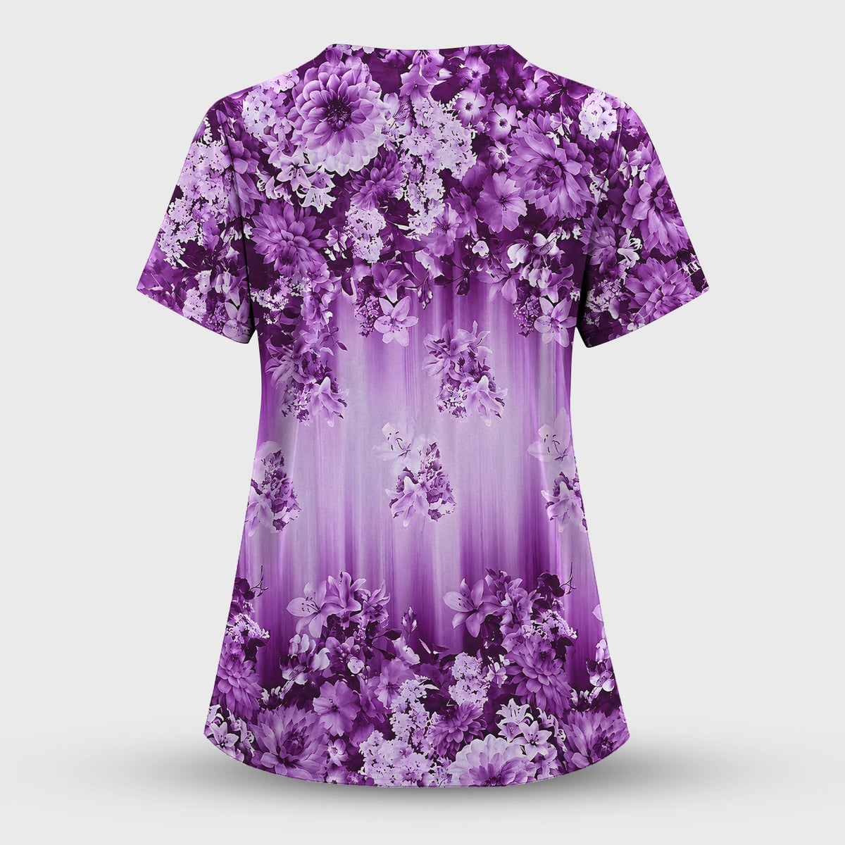 Purple Blossom Garden Pattern Scrub Set, Scrub Pants and V Neck Top
