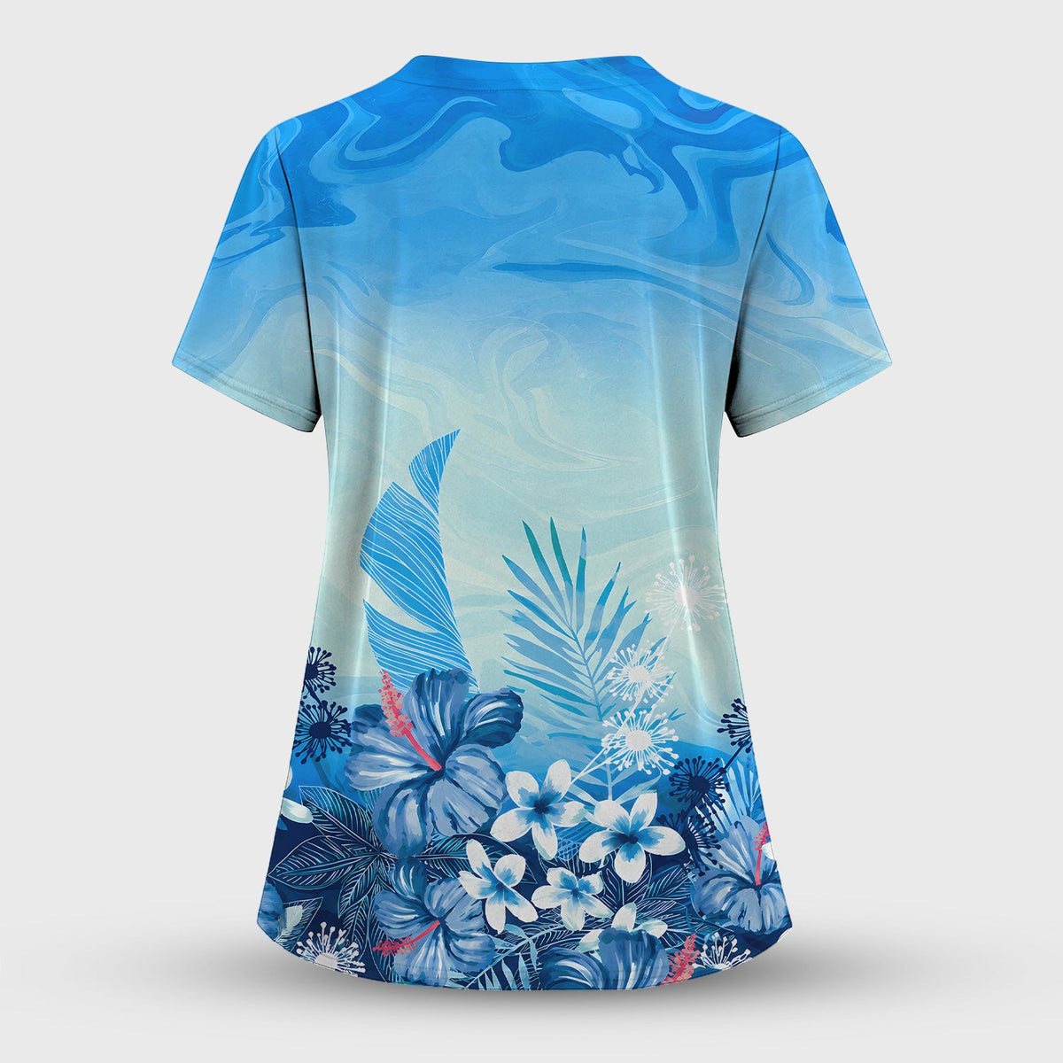 Elegant Blue Tropical Floral Nurse Scrub Set