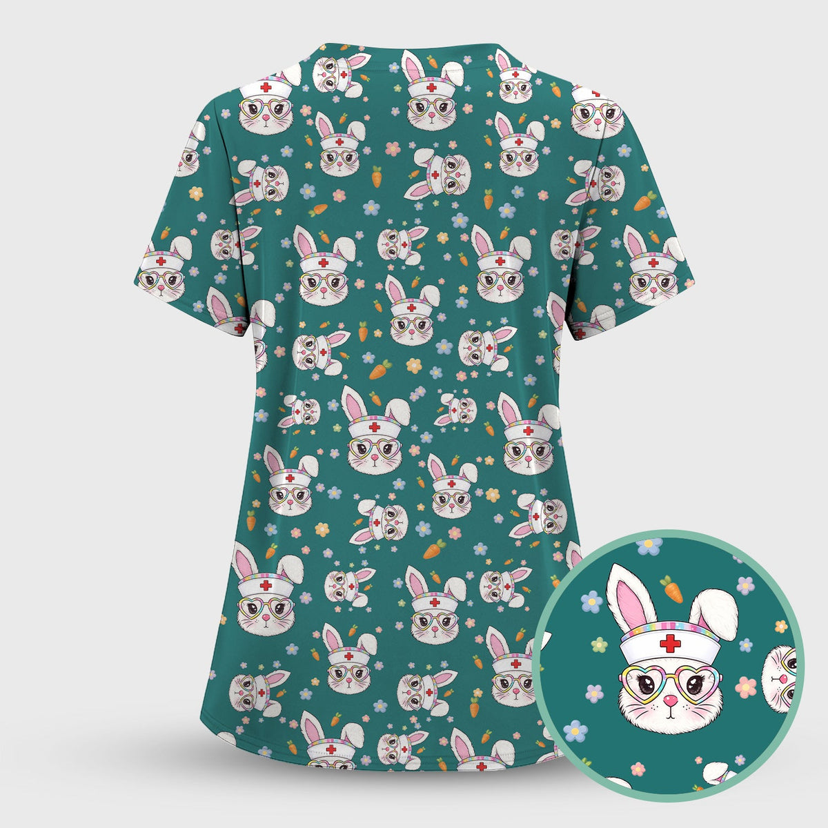 Cute Easter Bunny Nurse Pattern Scrub Top, Breathable Fabrics Nursing Uniform