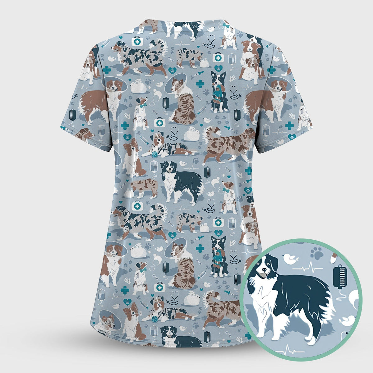 Cute Dog Pattern Veterinary Scrub Top, Breathable Fabrics Nursing Uniform