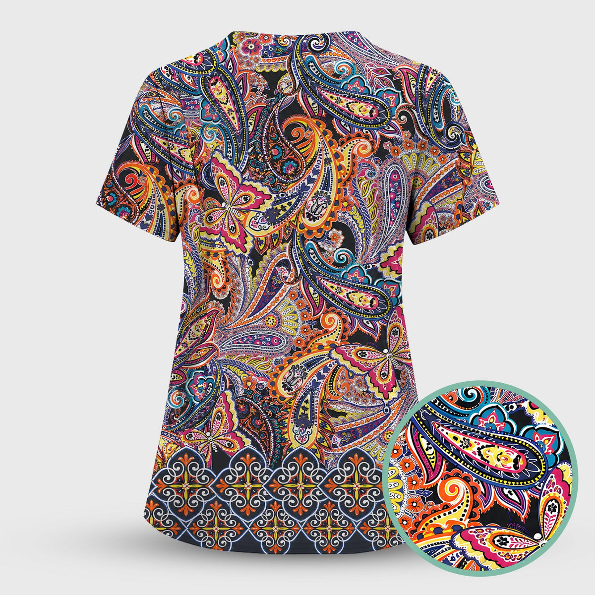 Colorful Bohemian Paisley Floral Nurse Scrub Top