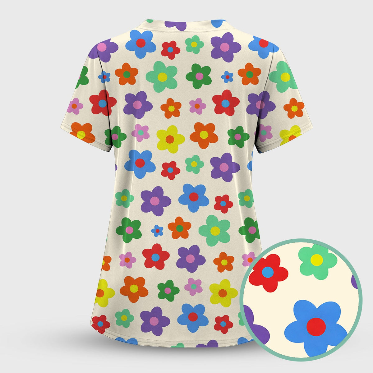Colorful Retro Flower Nurse Scrub Top