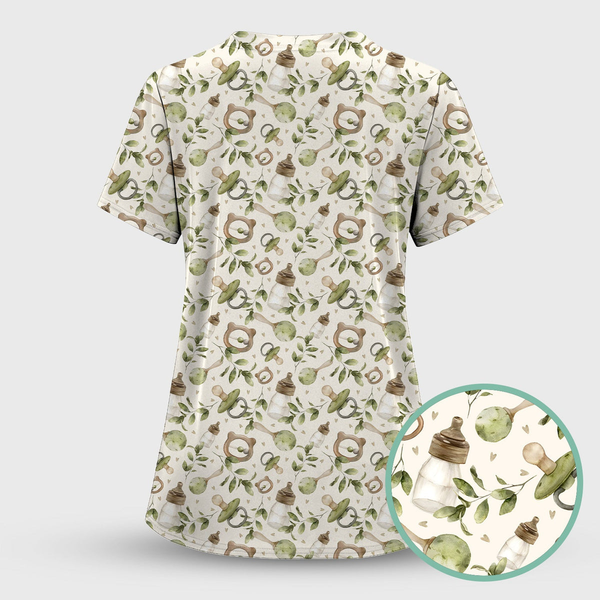 Cute Baby Bottle Greenery Nurse Scrub Set