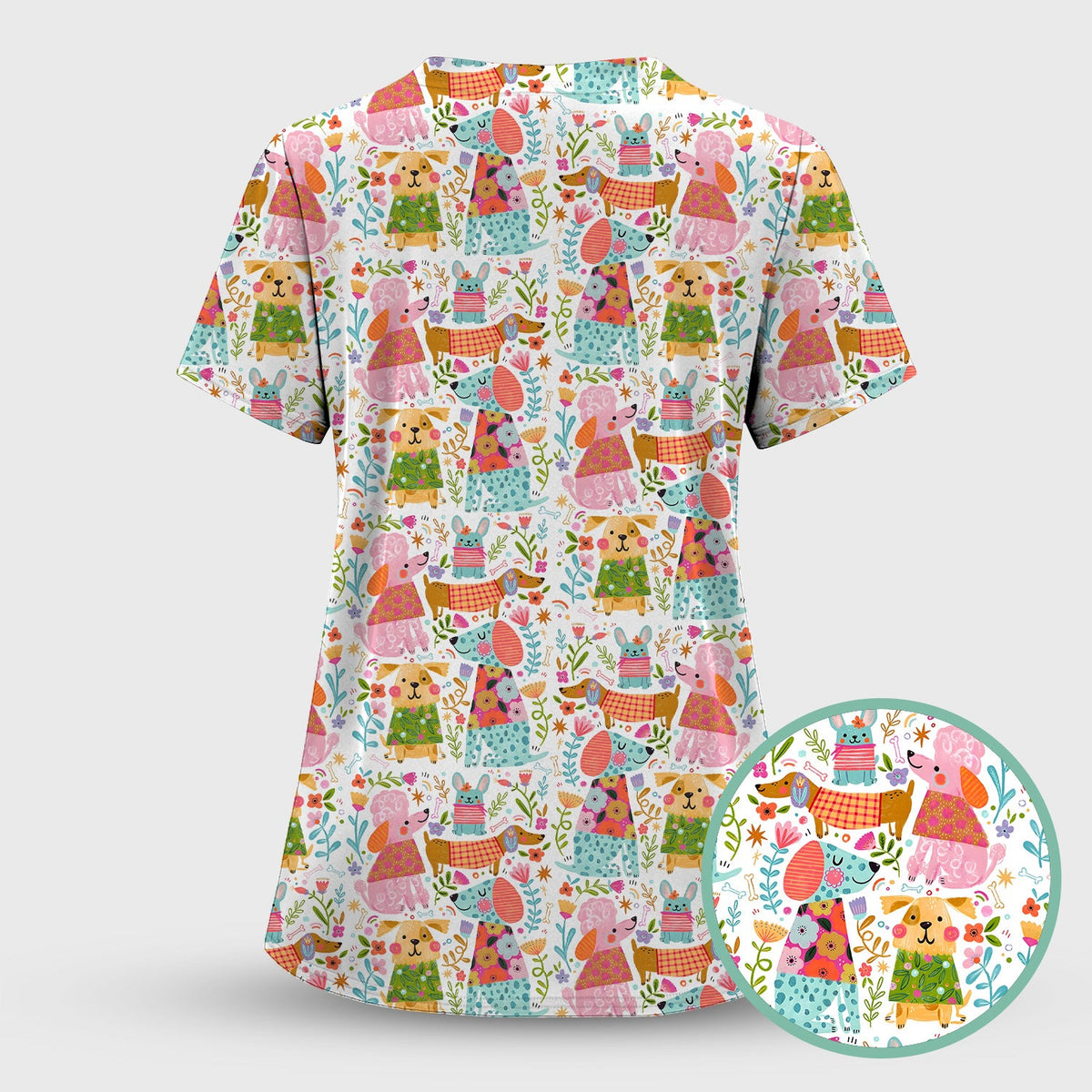 Colorful Dog Floral Nurse Scrub Top