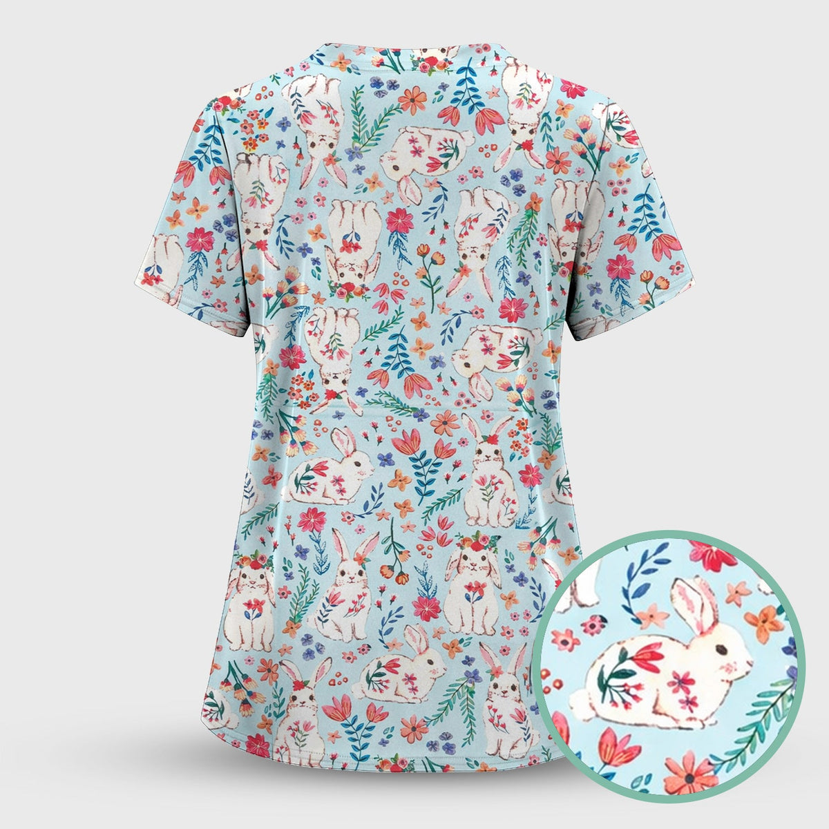 Springtime Bunny Floral Nurse Scrub Top