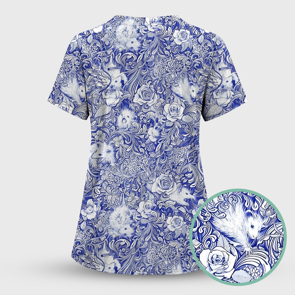 Blue Toile Porcupine Floral Nurse Scrub Set