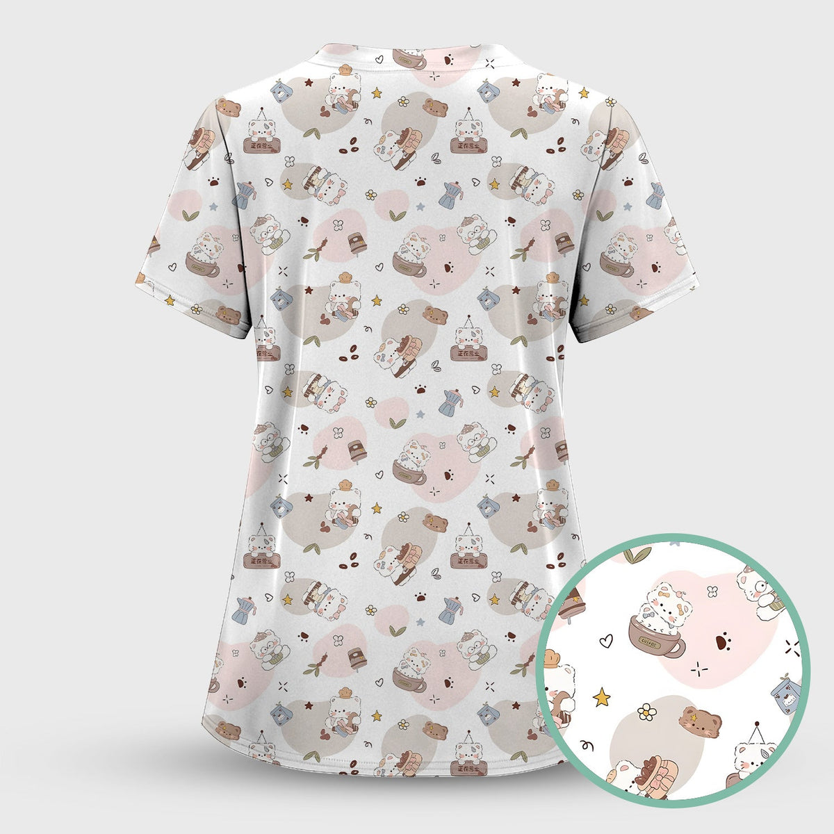 Cat With Coffee Paw Heart Nurse Scrub Set