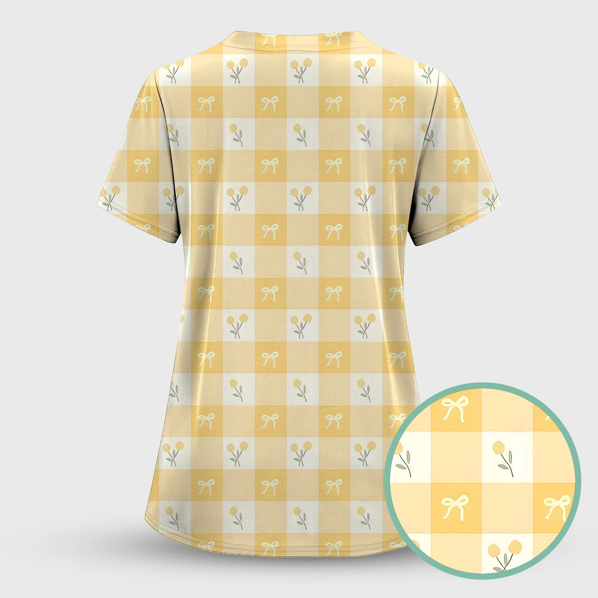 Yellow Gingham Bow Floral Nurse Scrub Set