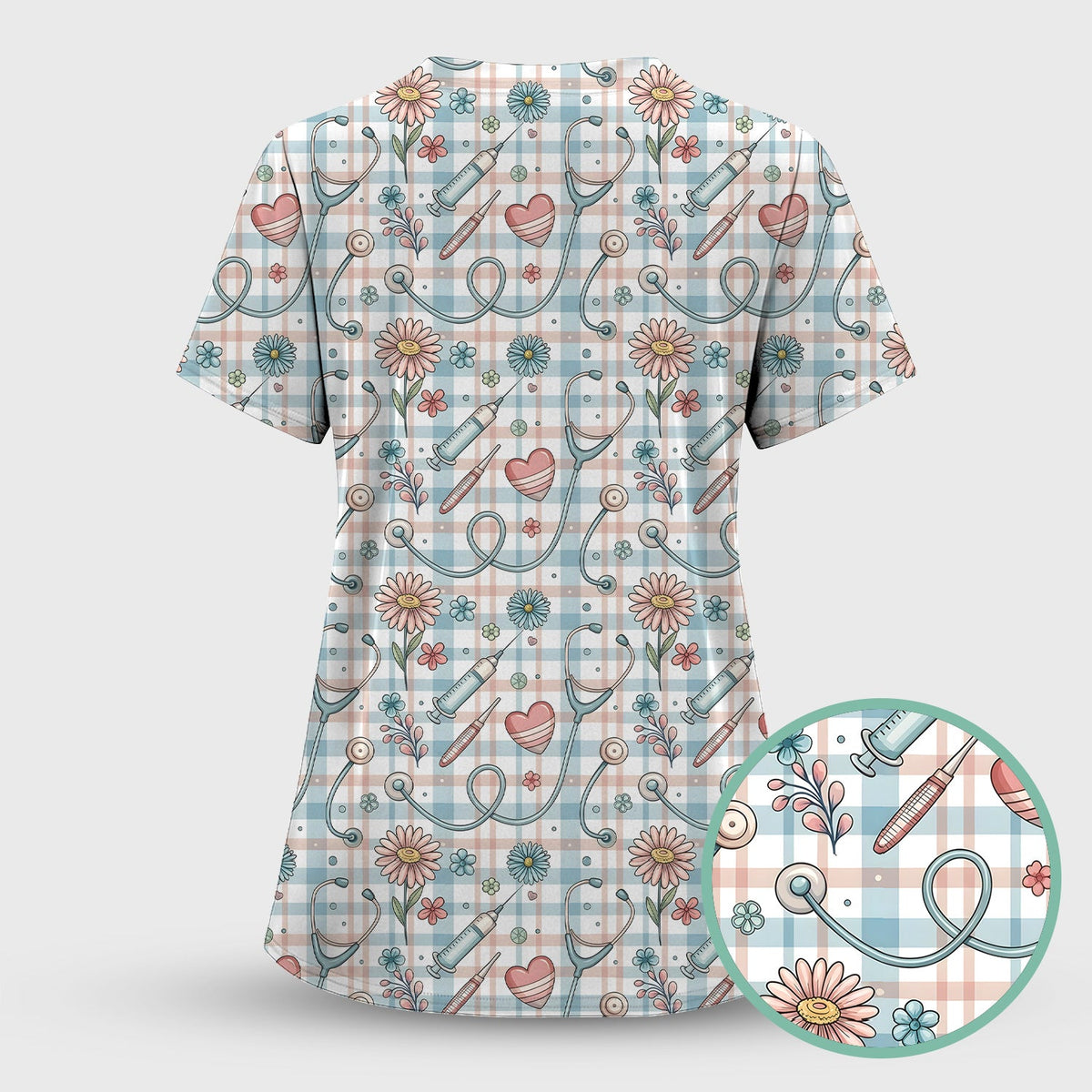 Stethoscope Heart Syringe Floral Plaid Nurse Scrub Top