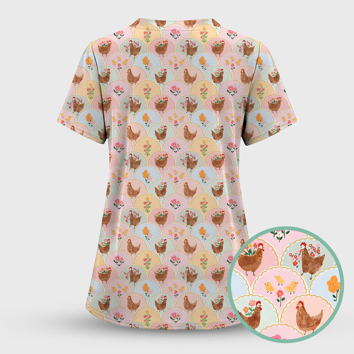 Pastel Chicken Floral Nurse Scrub Top