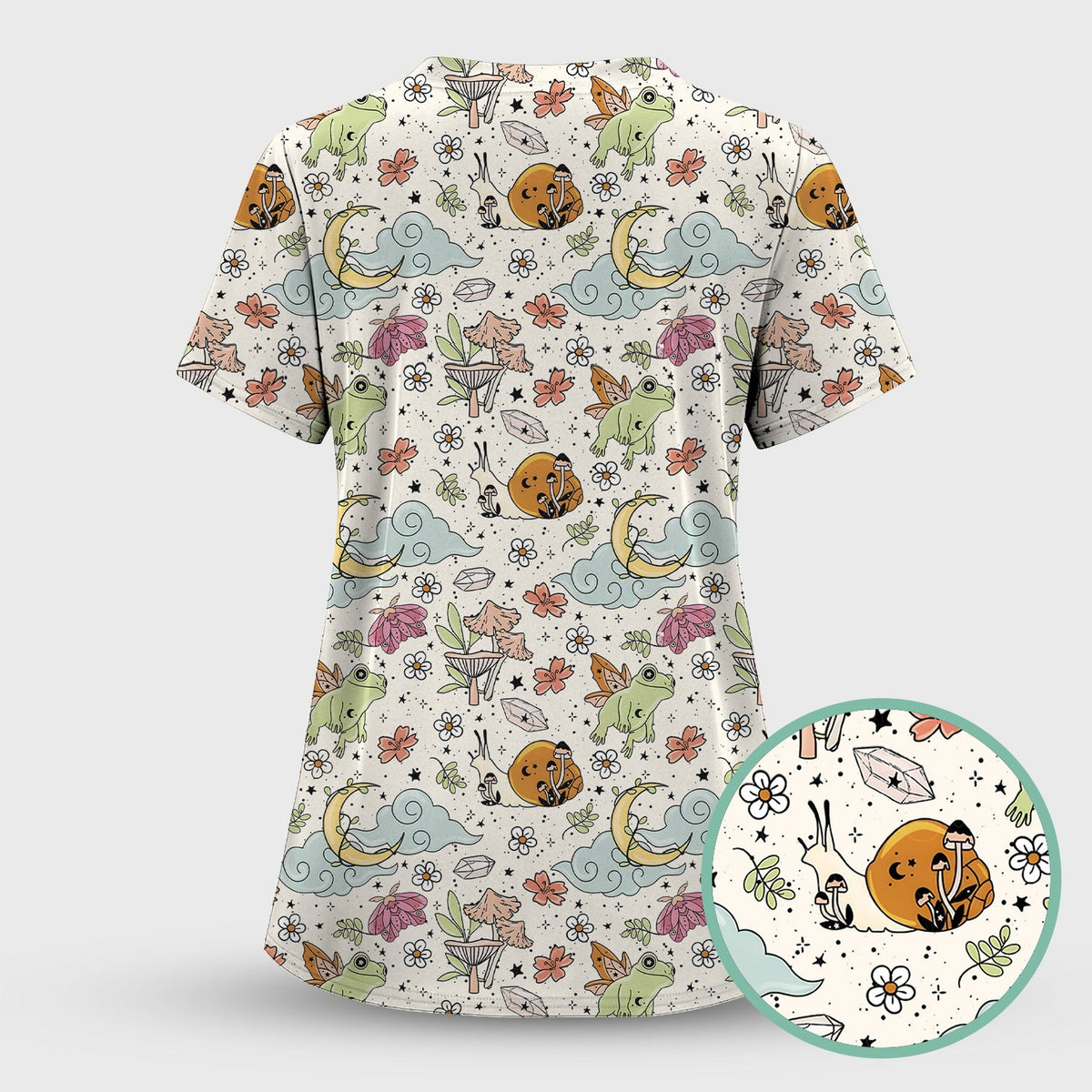 Whimsical Frog Moon Mushroom Nurse Scrub Top