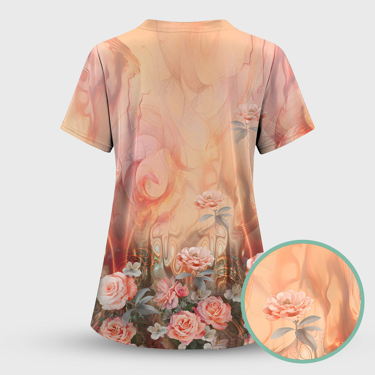 Elegant Peach Marble Rose Nurse Scrub Top