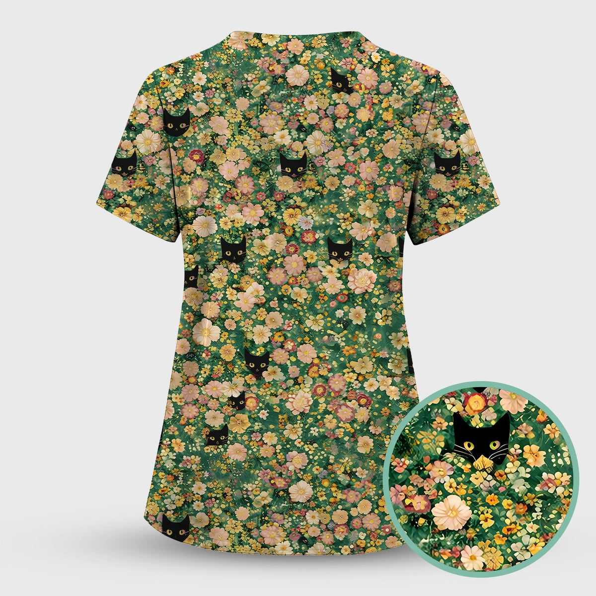 Cute Black Cat Floral Garden Nurse Scrub Set