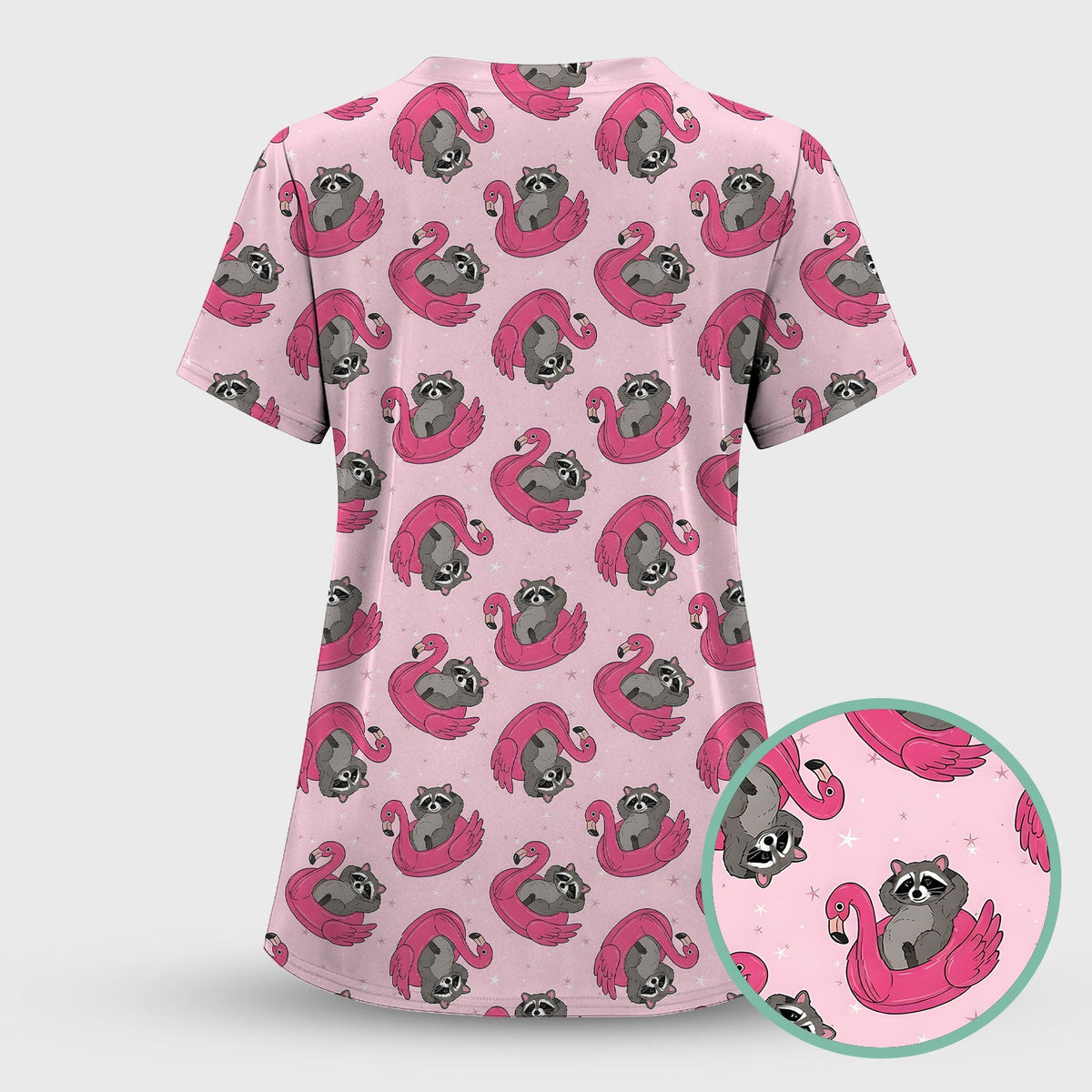 Raccoon Flamingo Float Nurse Scrub Top