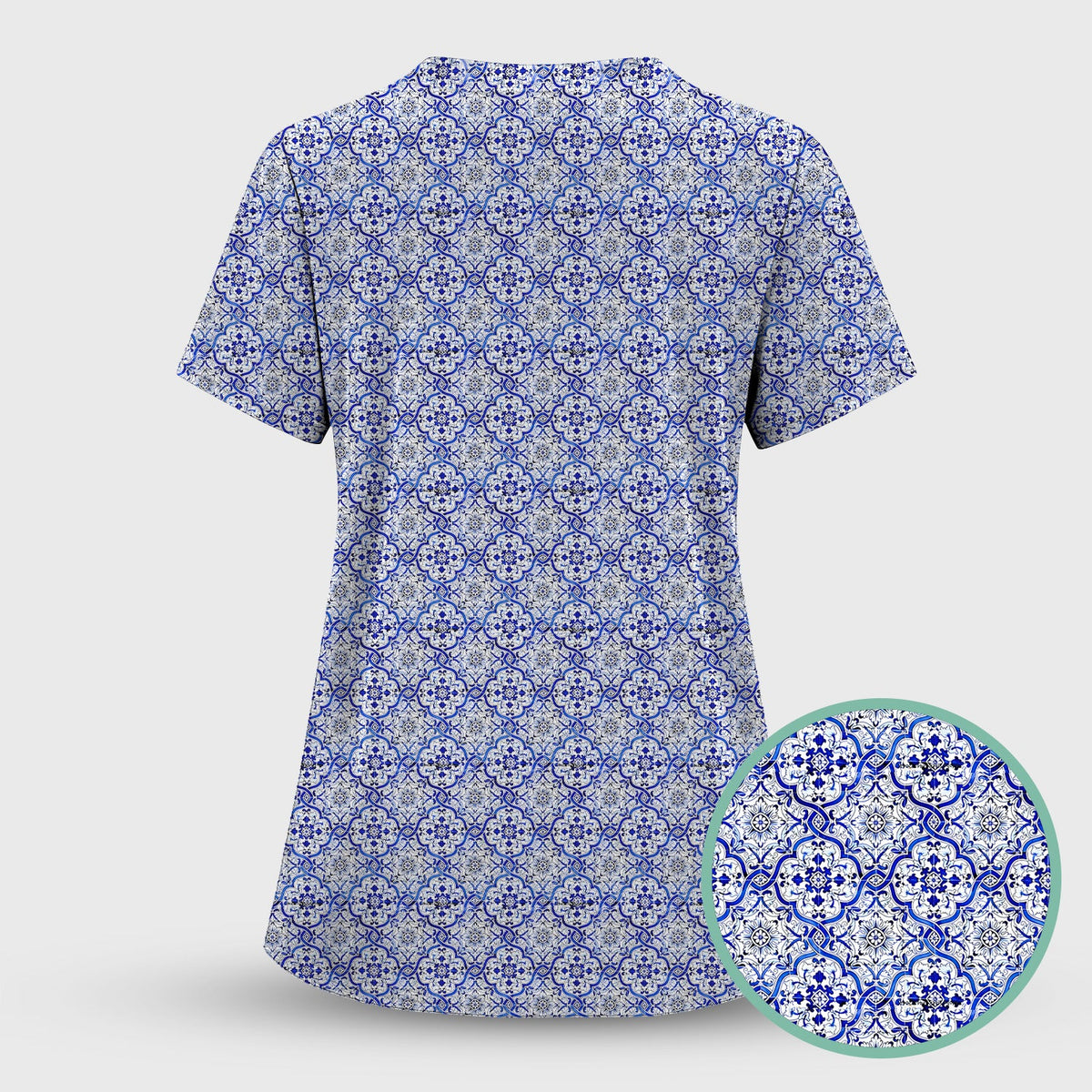 Blue Vintage Tile Floral Nurse Scrub Set
