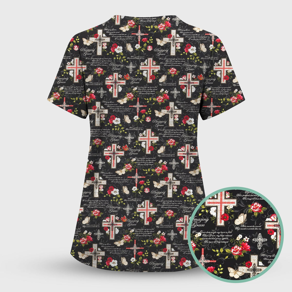 Christian Cross Roses And Butterflies Nurse Scrub Top