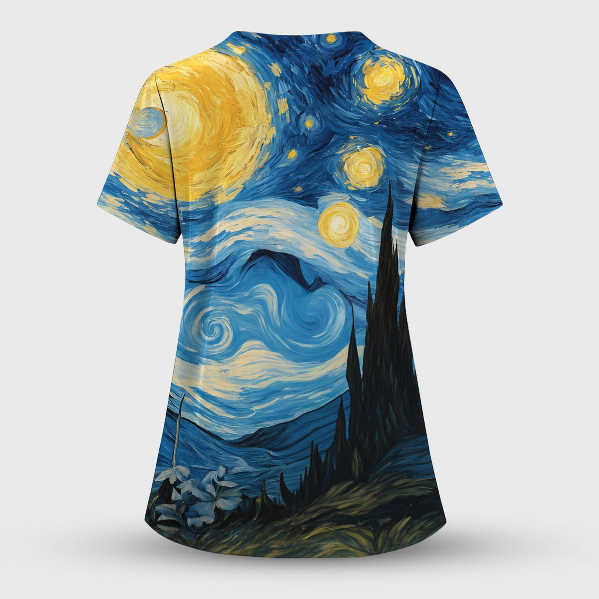 Swirling Moonlit Cat Scene Nurse Scrub Top